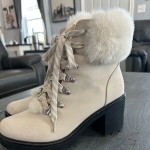 ESPIRIT Ecru Heeled Combat/Hiking Boots with White Faux Fur trim